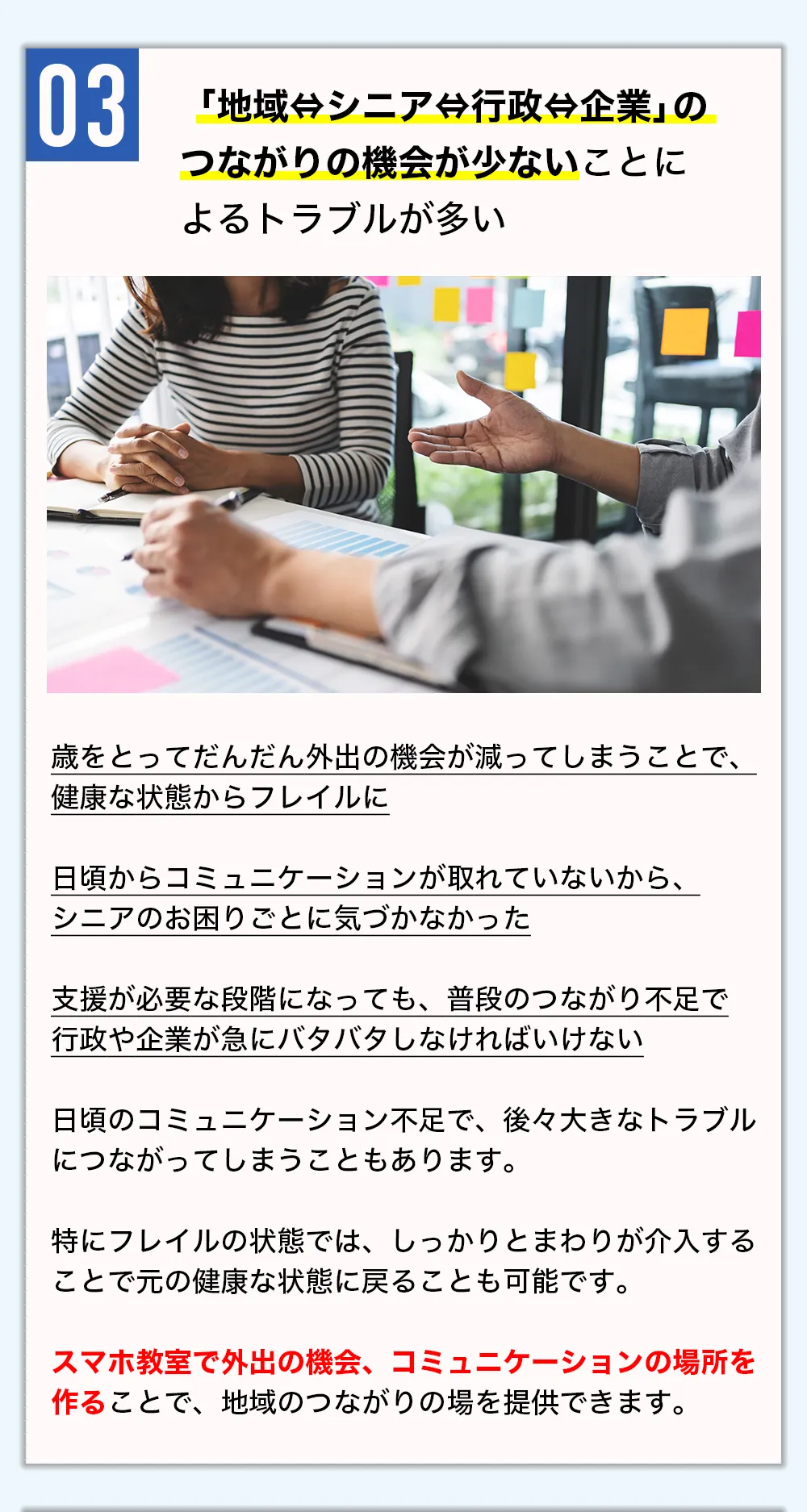 「地域⇔シニア⇔行政⇔企業」のつながりの機会が少ないことによるトラブルが多い